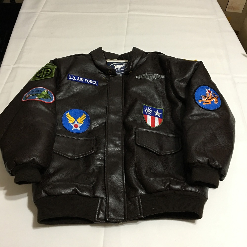 Up and Away Junior Bomber Jacket Kids Medium Brown US Air Force Patches